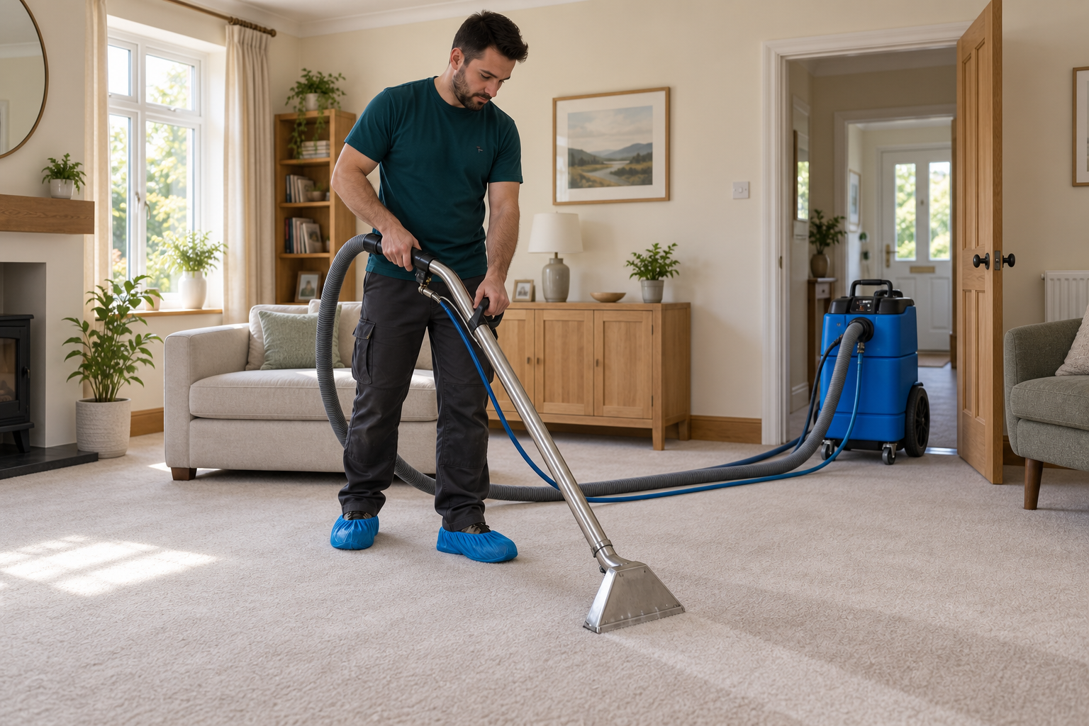 Cleaner using an extraction wand connected to a blue Airflex MiniFlex-style portable extractor.