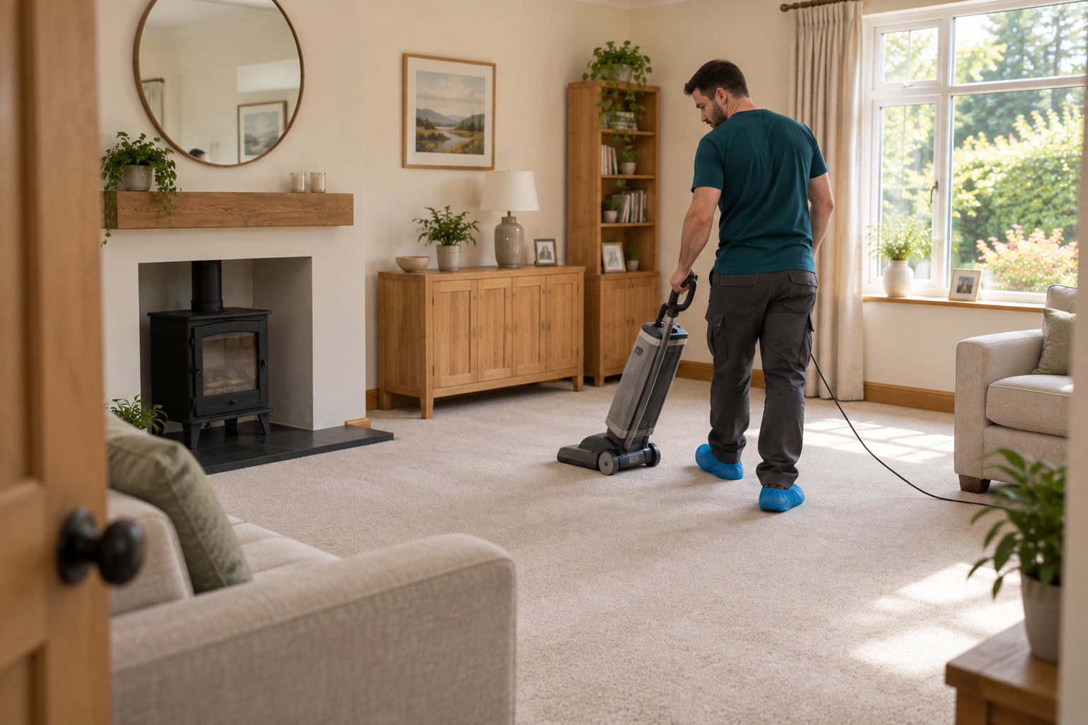Rear three-quarter view of the cleaner vacuuming the carpet with a professional upright vacuum.